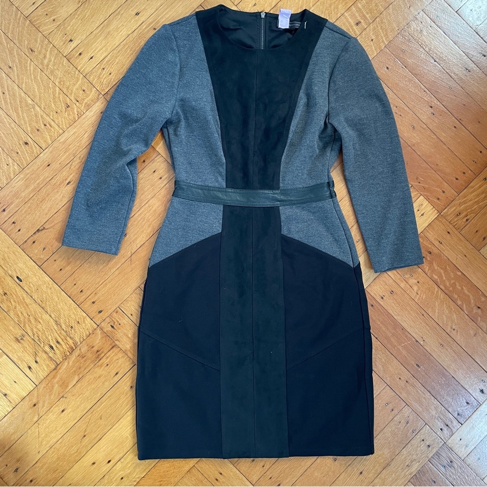 BCBGMazAzria Beatriz Long Sleeved Gray Black Dress Faux Suede Front XXS